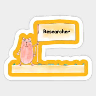 Researcher. Profession, work, job. Cat shows a banner with the inscription. Watercolor illustration. A gift for a professional. Sticker